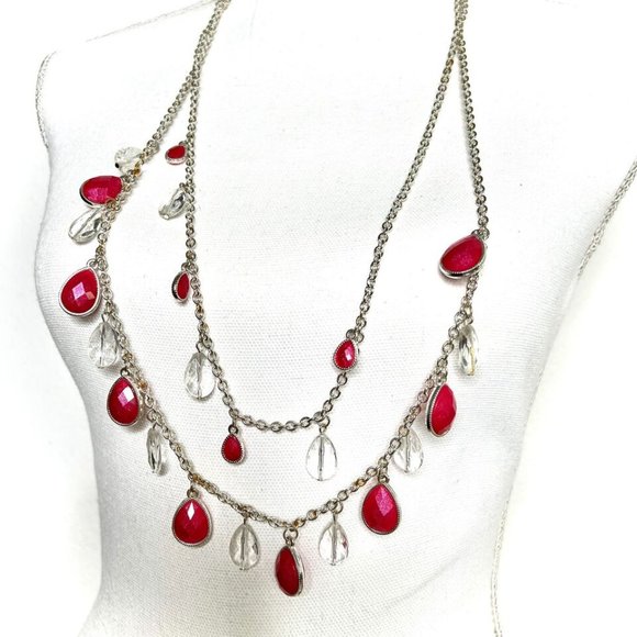 Red & Clear Teardrop Bead Multi Layered Statement Chain Necklace 35 inch - Picture 3 of 5
